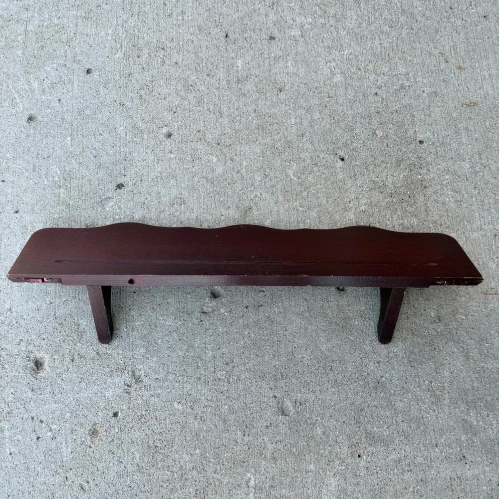 Vintage Wood Wall Shelf Scalloped Gold Edge Dark Cherry Plate Rail 24 Inch